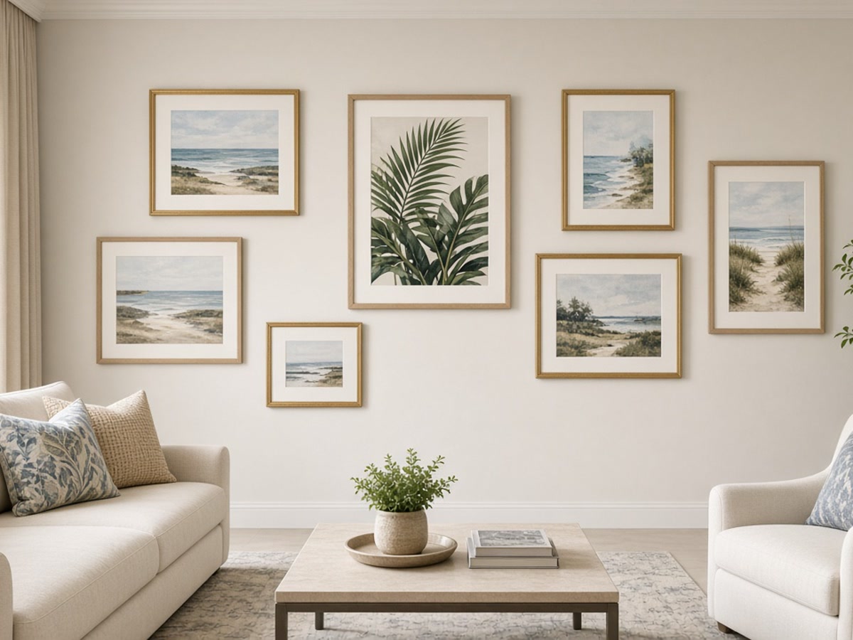 Gallery wall art installation in a Belleair living room