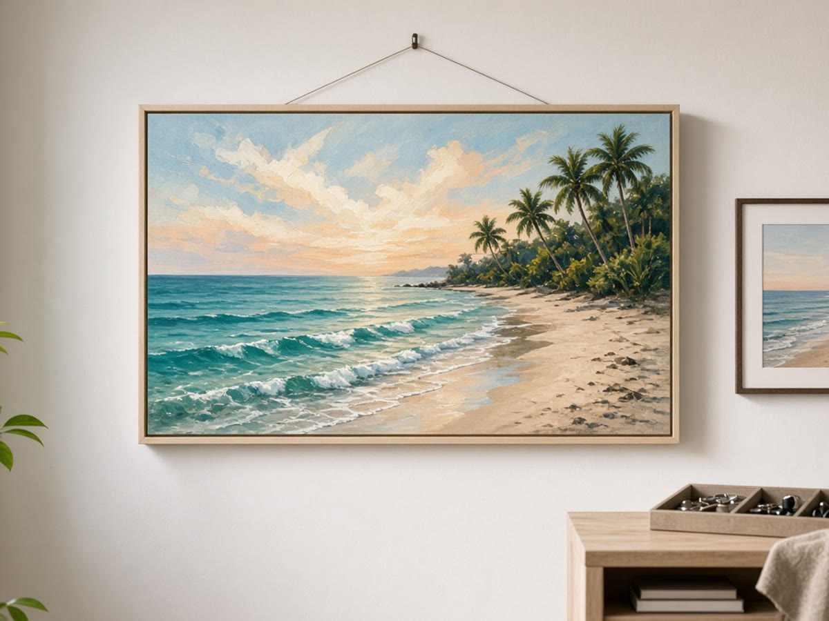 Framed tropical beach painting hung on an interior wall