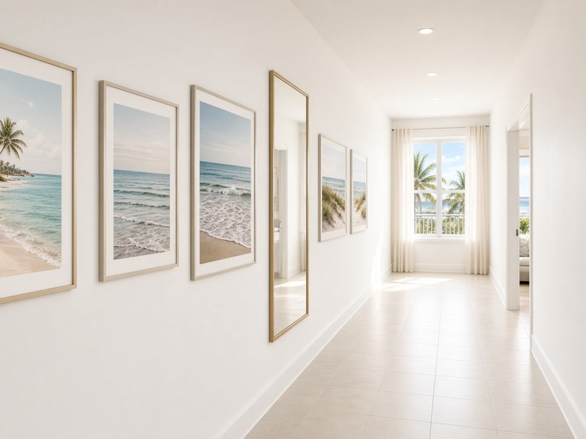 Hallway picture and mirror hanging in a coastal home