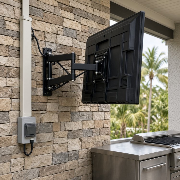 Outdoor articulating TV mount on a stone outdoor-kitchen wall with weatherproof cable channel