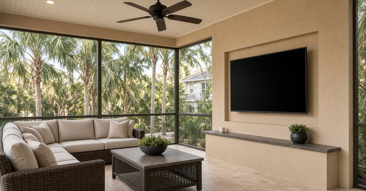 Covered screened Florida lanai with outdoor TV mounted in a recessed stucco niche